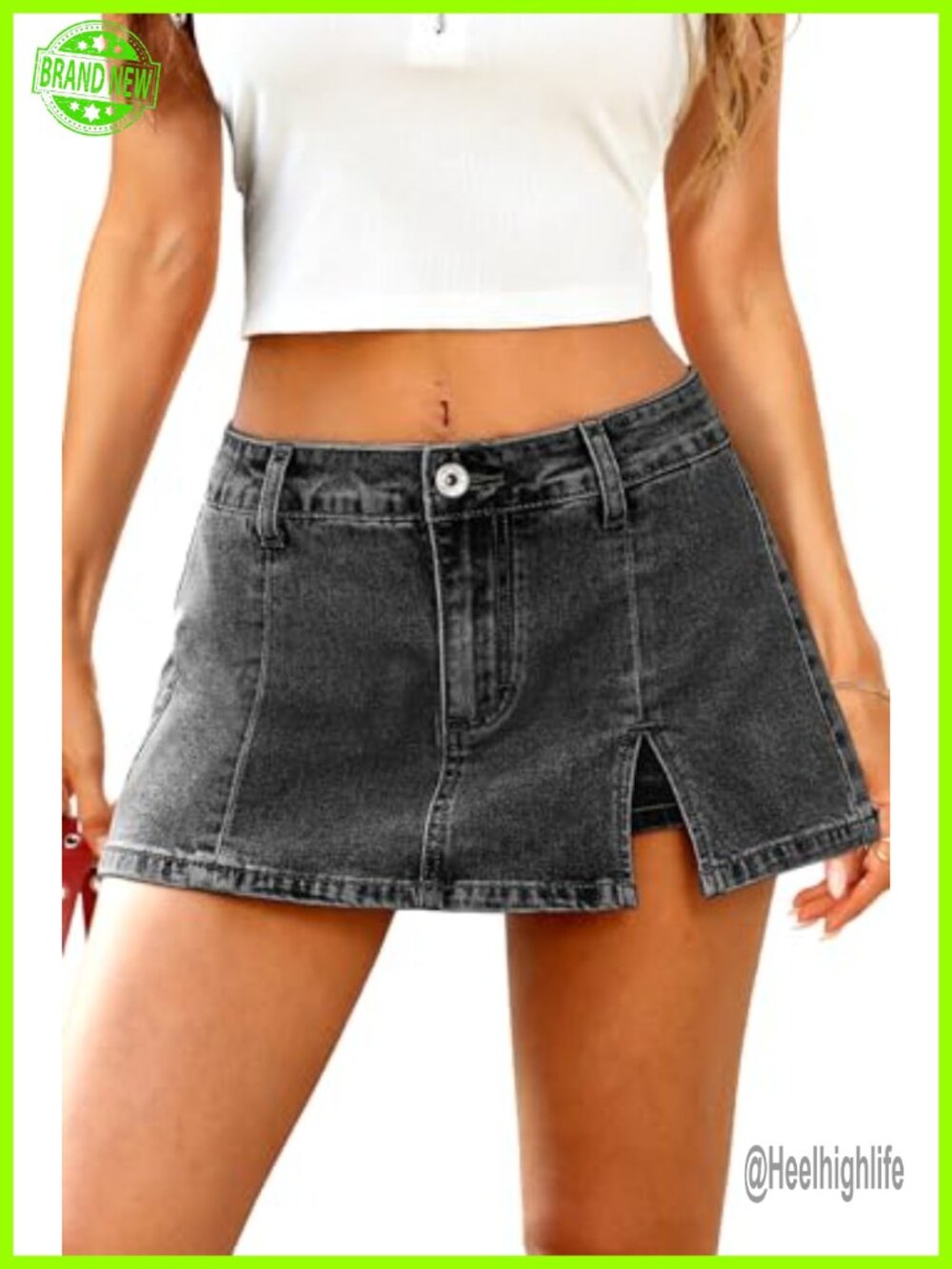 Low Rise Side Slit Denim Mini Skirt with Built-In Shorts High Stretch Y2K Skort